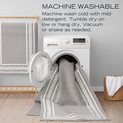 Nautica – Runner Rug 2 Piece Set | Indoor Runners for Hallways and Entry Rugs| Non-Skid Entry and Kitchen Door Mat| Machine Washable Carpet Rugs | 2'2" x 3'9" and 2'2" x 5' | Rope Border Light Grey