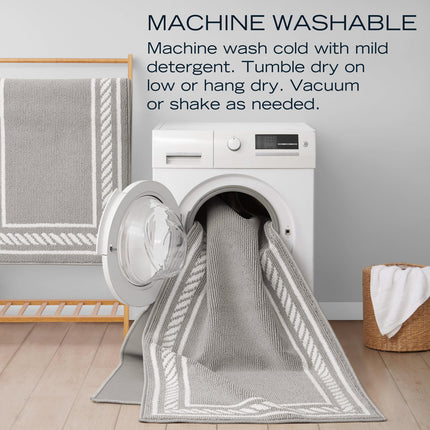 Nautica – Runner Rug 2 Piece Set | Indoor Runners for Hallways and Entry Rugs| Non-Skid Entry and Kitchen Door Mat| Machine Washable Carpet Rugs | 2'2" x 3'9" and 2'2" x 5' | Rope Border Light Grey