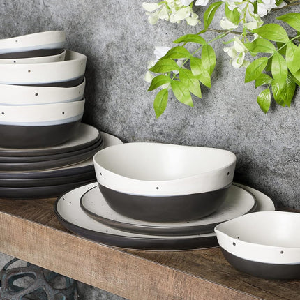 Gibson Elite 101984.16RM Rhinebeck Round Reactive Glaze Double Bowl Stoneware Dinnerware Set, Service for Four (16pcs), White and Black