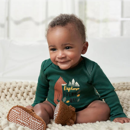 Gerber Baby Fleece Lined Non Skid Soft Slipper Booties, Brown Ears, 3 6_Months Unisex Infant