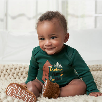 Gerber Baby Fleece Lined Non Skid Soft Slipper Booties, Brown Ears, 3 6_Months Unisex Infant