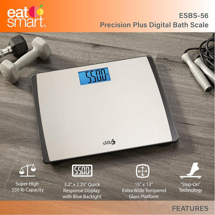 Báscula digital de baño de gran capacidad Eat Smart Precision de 550 libras con plataforma extraancha, de acero inoxidable