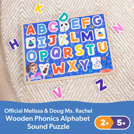 Melissa & Doug Rompecabezas de sonidos del alfabeto fonético de madera de la Sra. Rachel | Juguetes de aprendizaje para niños, 26 letras | Edad 2+ - Certificado FSC