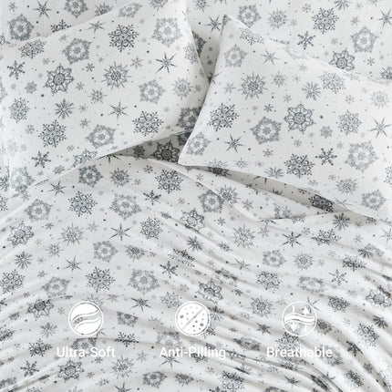 SLEEP PHILOSOPHY True North Soft & Cozy Micro Fleece Sheet Set, Fitted Sheets Deep Elastic Pocket Fits Up to 16" Mattress, Warm Winter Bedding, Fleece Bed Set King Snowflake Boho 4 Piece