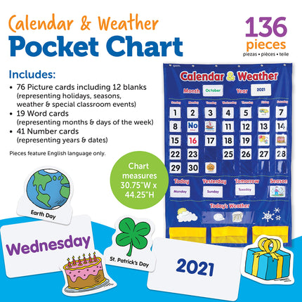 Learning Resources Calendar & Weather Pocket Chart - Classroom Calendar, Calendar and Weather Chart for Classroom, Teacher and Back to School Supplies
