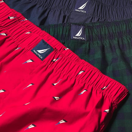 Nautica Men's Cotton Woven 3 Pack Boxer, Peacoat/Buffalo Check-Tidal Green/Holiday Sail Print-red, L