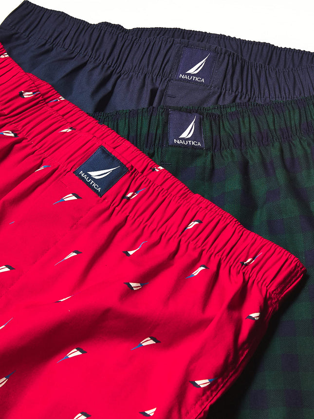 Nautica Men's Cotton Woven 3 Pack Boxer Shorts, Peacoat/Buffalo Check-Tidal Green/Holiday Sail Print-red, S