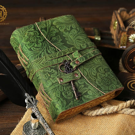 Leather Journal - Antique Handmade Deckle Edge Vintage Paper Leather Bound Journal - Book of Shadows Journal - Leather Sketchbook - Drawing Journal - Great Gift (Green)