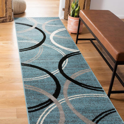 Tapis de Couloir Moderne à Motifs Vagues et Cercles par Rugshop, Tapis Anti-Chute pour Couloir, Cuisine ou Entrée, Bleu, 79 cm x 244 cm