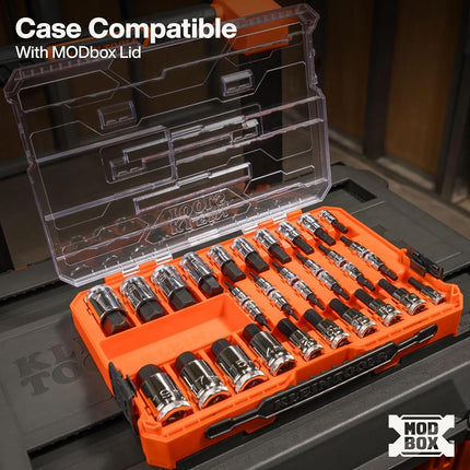 Klein Tools 65233HEX Hex Bit Socket Set, 1/4, 3/8, 1/2-Inch Drives, Knurled, SAE (5/64 to 3/4 inch) and Metric (2 to 19mm) with MODbox Case, 32-Piece