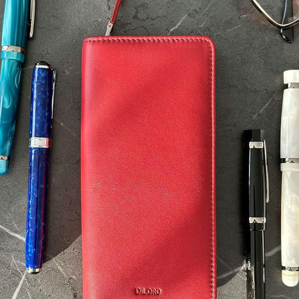 DiLoro Leather Zippered Triple or Quad Pen Case Pencil Pouch Holder for Three or Four Fountain Ballpoint Rollerball Pens or Glasses (Nappa Red)