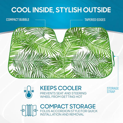 BDK Tropical Leaves Auto Windshield Sun Shade for Car SUV Truck - Balmy Fern - Double Bubble Foil Jumbo Folding Accordion - AS-768