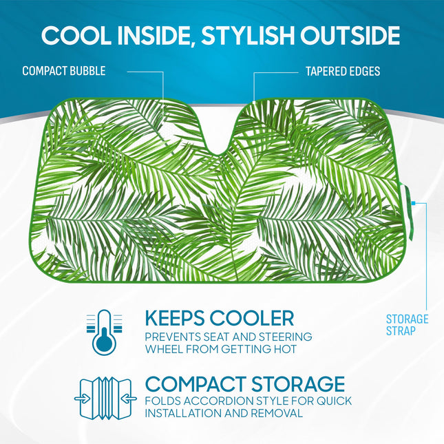 BDK Tropical Leaves Auto Windshield Sun Shade for Car SUV Truck - Balmy Fern - Double Bubble Foil Jumbo Folding Accordion - AS-768