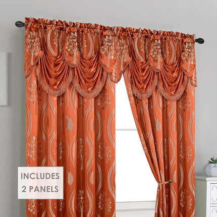 Elegant Comfort Luxurious Aurora Jacquard Look Curtain Panel Set with Attached Valance 54" X 63 inch (Set of 2), Rusty Red