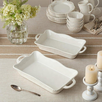 Perlette Cream Large Rectangular Ceramic Baker – 19 x 10 Inch Scalloped Oven-to-Table Stoneware Bakeware with Beaded Rim – Elegant Farmhouse Bake Dish for Lasagna, Casseroles, and Hosting