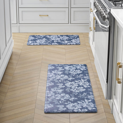 Laura Ashley - Anti-Fatigue Kitchen Mat, Iris Floral Design, Stain, Water & Fade Resistant, Cooking & Standing Relief, Non-Slip Backing, 2 Piece Set, Navy Iris