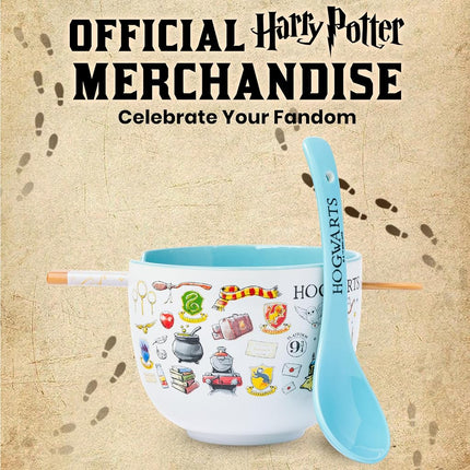 Silver Buffalo Harry Potter Hogwarts Iconic Icons Ceramic Ramen Noodle Rice Bowl with Chopsticks and Spoon, Microwave Safe, 20 Ounces