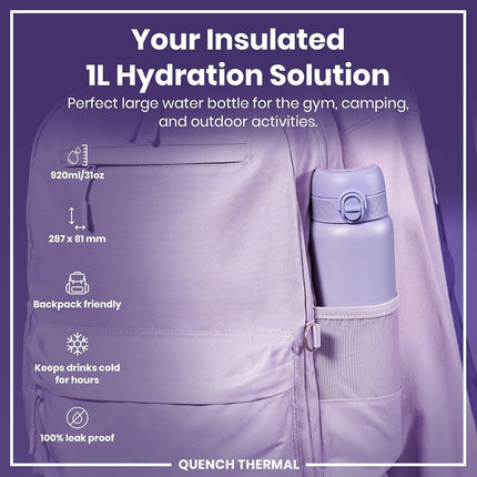 Ion8 Vacuum Insulated Stainless Steel 1 Litre Water Bottle, 920ml, Leak Proof, One-Finger Open, Secure Lock, Carry Handle, Dishwasher Safe, Scratch Resistant, Ideal for Sports and Yoga, Light Purple
