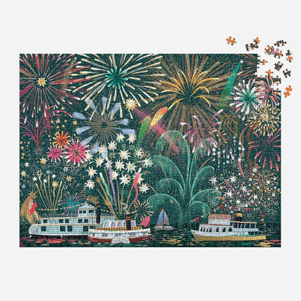 Galison Fireworks Jubilee – 1000 Piece Foil Jigsaw Puzzle Featuring Beautiful Artwork Of Fireworks Overlooking Boats On The Water