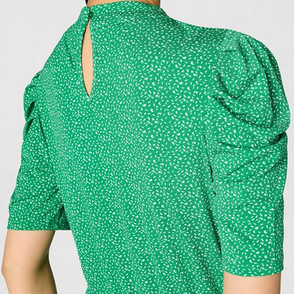 Adrianna Papell Women's Ruffle Neck Short Sleeve Dress Casual, Emerald Scattered Leaf, M