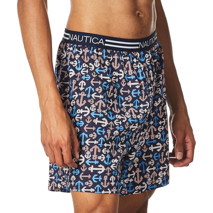 Nautica Men's Classic Cotton Loose Knit Boxer Shorts, Nautical Anchor-Peacoat, S