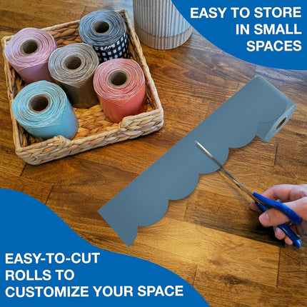 Carson Dellosa 65Ft of Stone Blue Bulletin Board Borders, 1 Roll of Scalloped Trim for Rolling Whiteboard, Cork and Posterboard, Party, Office Decorations, and Classroom Decor