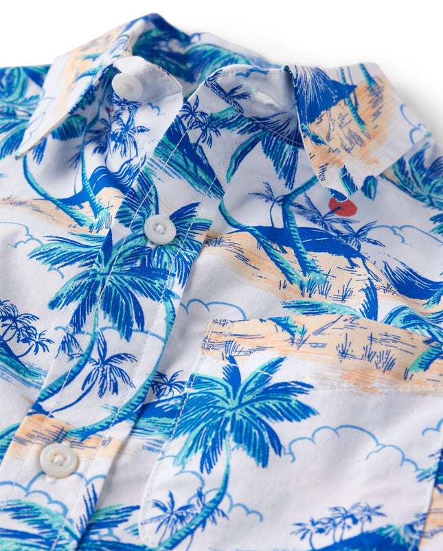 The Children's Place Boys' Short Sleeve Poplin Button Down Shirt, White Palm Tree Print, X-Small