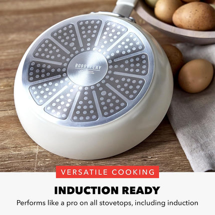 Poêle à frire antiadhésive GreenPan x Bobby Flay 8 po, en céramique diamant sans PFAS, compatible induction, poignée en silicone froide au toucher, facile à nettoyer au lave-vaisselle et au four, poêle à œufs et omelettes, crème