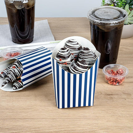 Bio Tek 4.7 x 3.5 x 5.1 Inch French Fry Cup, 100 Disposable Snack Cups - Stackable, Sustainable, Blue and White Paper 4 Ounce Fry Holder, for Fries, Onion Rings, Popcorn, or Cookies - Restaurantware