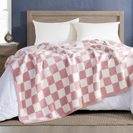 Elegant Comfort Checkered Throw Blanket, Light Pink Super Soft Cozy Fluffy Warm Throw Blankets for Couch, Sofa, Chair, Bed, Camping, Picnic, Travel Lightweight Bed Blanket (50" x 70")