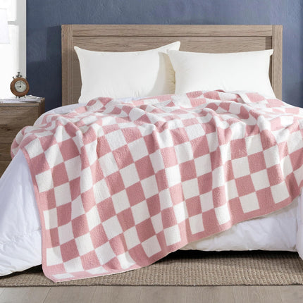 Elegant Comfort Checkered Throw Blanket, Light Pink Super Soft Cozy Fluffy Warm Throw Blankets for Couch, Sofa, Chair, Bed, Camping, Picnic, Travel Lightweight Bed Blanket (50" x 70")