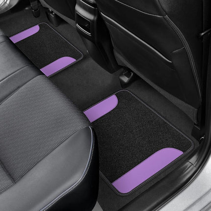 BDK Two-Tone Carpet Car Floor Mats with Faux Leather Accents, Automotive Floor Mat Set with Built-in Heel Pad, Stylish Interior Car Accessories (Purple)