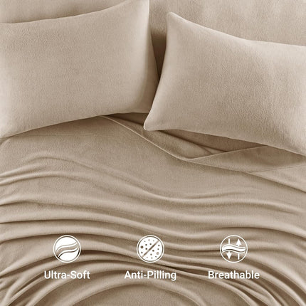 SLEEP PHILOSOPHY True North Micro Fleece Bed Sheet Set, Warm, Sheets with 14" Deep Pocket, for Cold Season Cozy Sheet-Set, Matching Pillow Case, King, Khaki, 4 Piece