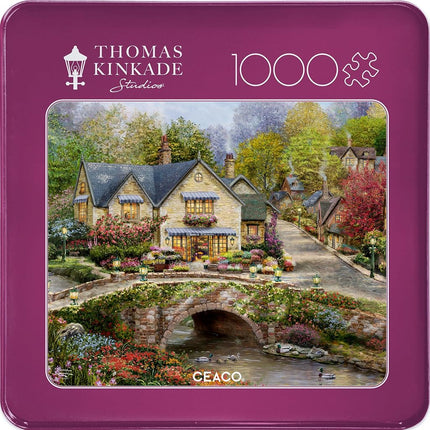 Ceaco - Thomas Kinkade - Summer in Cobblestone Village - 1000 Piece Jigsaw Puzzle for Adults - Collectible Tin Case - Finished Size is 26.6 x 19