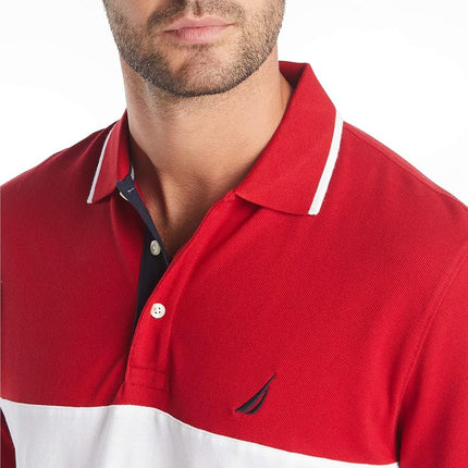 Nautica Men's Short Sleeve 100% Cotton Pique Color Block Polo Shirt, Nautica Red, L UK