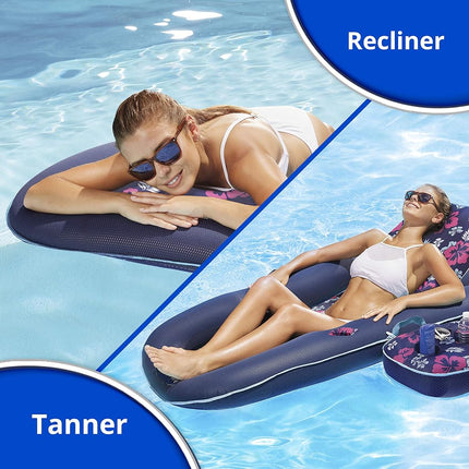 Aqua Campania Ultimate 2-in-1 Pool Float Lounge – Extra Large – Inflatable Pool Floats for Adults with Adjustable Backrest & Cupholder Caddy – Teal Hibiscus