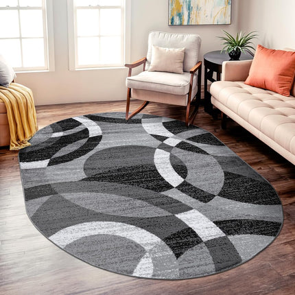 Rugshop Gray Modern Geometric Oval Rug, Abstract Circles, High-Traffic, Non-Shedding, for Living Room, Bedroom and Home Office, 5' x 7' Oval