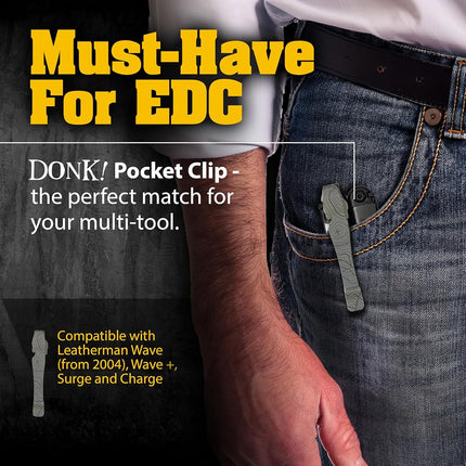 Donk! Pocket Clip compatible with Leatherman Wave, Wave Plus+, Alpha, Surge & Charge AL, ALX, Ti, XTi - Titanium TC4 - Custom Designs - Quick Release - Extra Carry Options - Topo