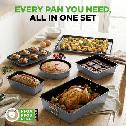 NutriChef 8-Piece Nonstick Stackable Bakeware Set - PFOA, PFOS, PTFE Free Baking Tray Set w/Non-Stick Coating, 450°F Oven Safe, Round Cake, Loaf, Muffin, Wide/Square Pans, Cookie Sheet (Gray)