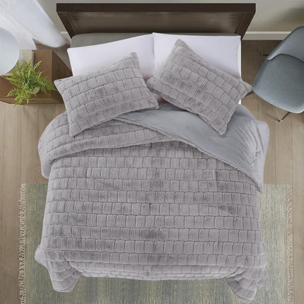 Elegant Comfort Luxurious Fluffy 3-Piece Faux Fur Comforter Set - All Season Warm Down Alternative - Ultra Soft, Plush Micro-Mink 3PC Bedding Set with Matching Shams, Queen, Gray