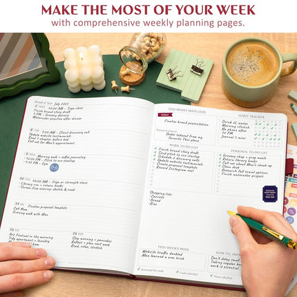Legend Planner Undated, Weekly & Daily Goal Journal, A4 Wine Red Gold