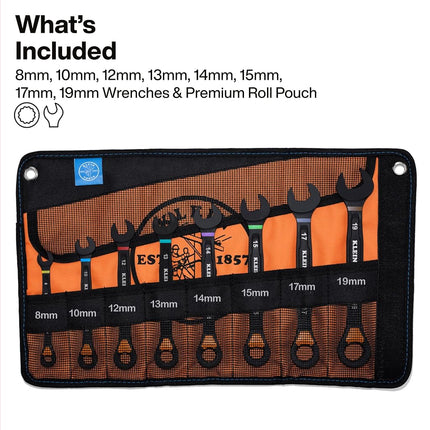 KLEIN TOOLS 69508M Metric Ratcheting Combination Wrench Set, 8-Piece, Slide-Lock 90-Tooth Ratchet, I-Beam Handle, Color-Coded Size Markings, Roll Pouch Storage