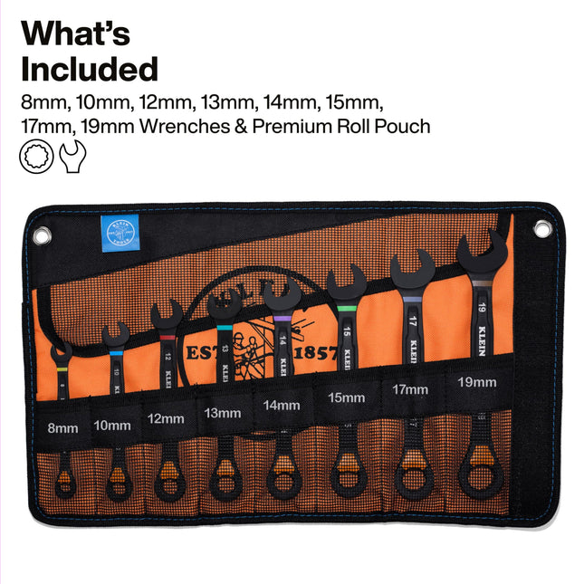 KLEIN TOOLS 69508M Metric Ratcheting Combination Wrench Set, 8-Piece, Slide-Lock 90-Tooth Ratchet, I-Beam Handle, Color-Coded Size Markings, Roll Pouch Storage