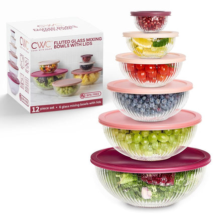 Cook with Color 12 Pc Glass Mixing Bowl Set with Lids – Borosilicate Glass Nesting Bowls for Cooking, Baking and Meal Prep, Fluted Rose