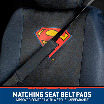 BDK Superman Car Seat Covers for Front Seats with Matching Seat Belt Pads – Officially Licensed Warner Brothers Superhero Auto Accessories Bundle, Made for Car Truck Van and SUV