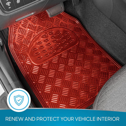 BDK Metallic Chrome Car Floor Mats All-Weather Universal Fit Automotive Floor Mats for Cars SUVs, Floor Mats for Trucks, Car Mats Full Set Front & Rear, Non-Slip Shiny Durable Heavy Duty - Red