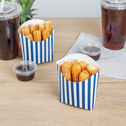 Restaurantware-Bio Tek 4.5 x 3.2 x 3.9 Inch French Fry Cup, 100 Disposable Snack Cups - Stackable, Sustainable, Blue and White Paper 3 Ounce Fry Holder, for Fries, Onion Rings, Popcorn, or Cookies