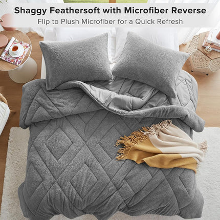 Comfort Spaces Parure de lit douillette réversible en peluche douce comme une plume pour lit double, toutes saisons, légère, en polaire Sherpa, taille double/double XL, gris 2 pièces