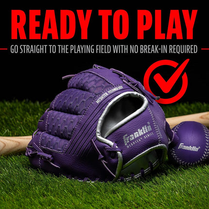 Franklin Sports Teeball Glove and Ball Set - Meshtek Teeball Glove and Foam Baseball - Purple/Silver - 9.5" Right Hand Throw, Purple/Chrome, 22809