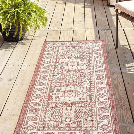 Unique Loom Outdoor Aztec Collection Area Rug - Chalca (2' 7" x 12' Runner, Rust Red/Ivory)